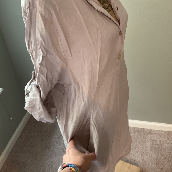 Elena Baldi Linen Shirt Dress Natural color 3/4 Button Up Size Small - Picture 4 of 8